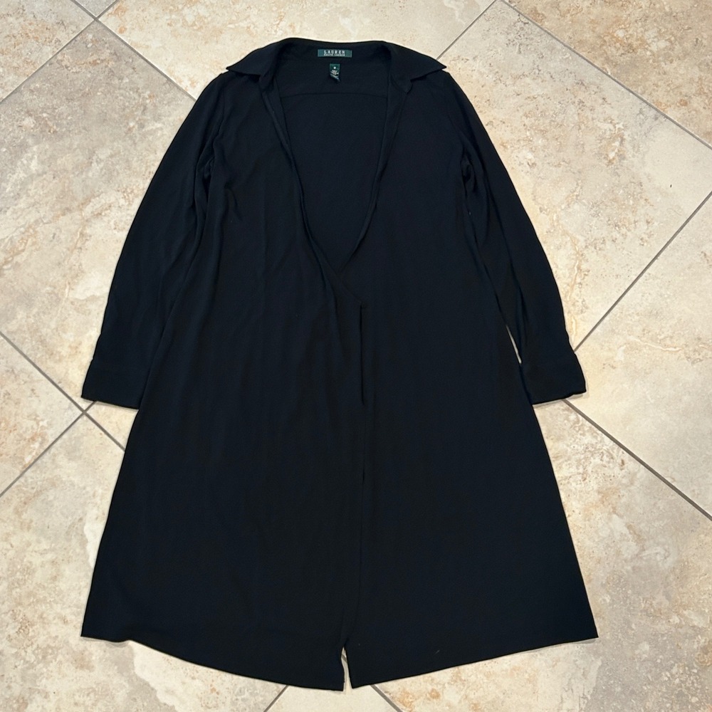 Lauren Ralph Lauren Longline Cardigan Duster Jacket Womens M‎ Black Rayon Preppy